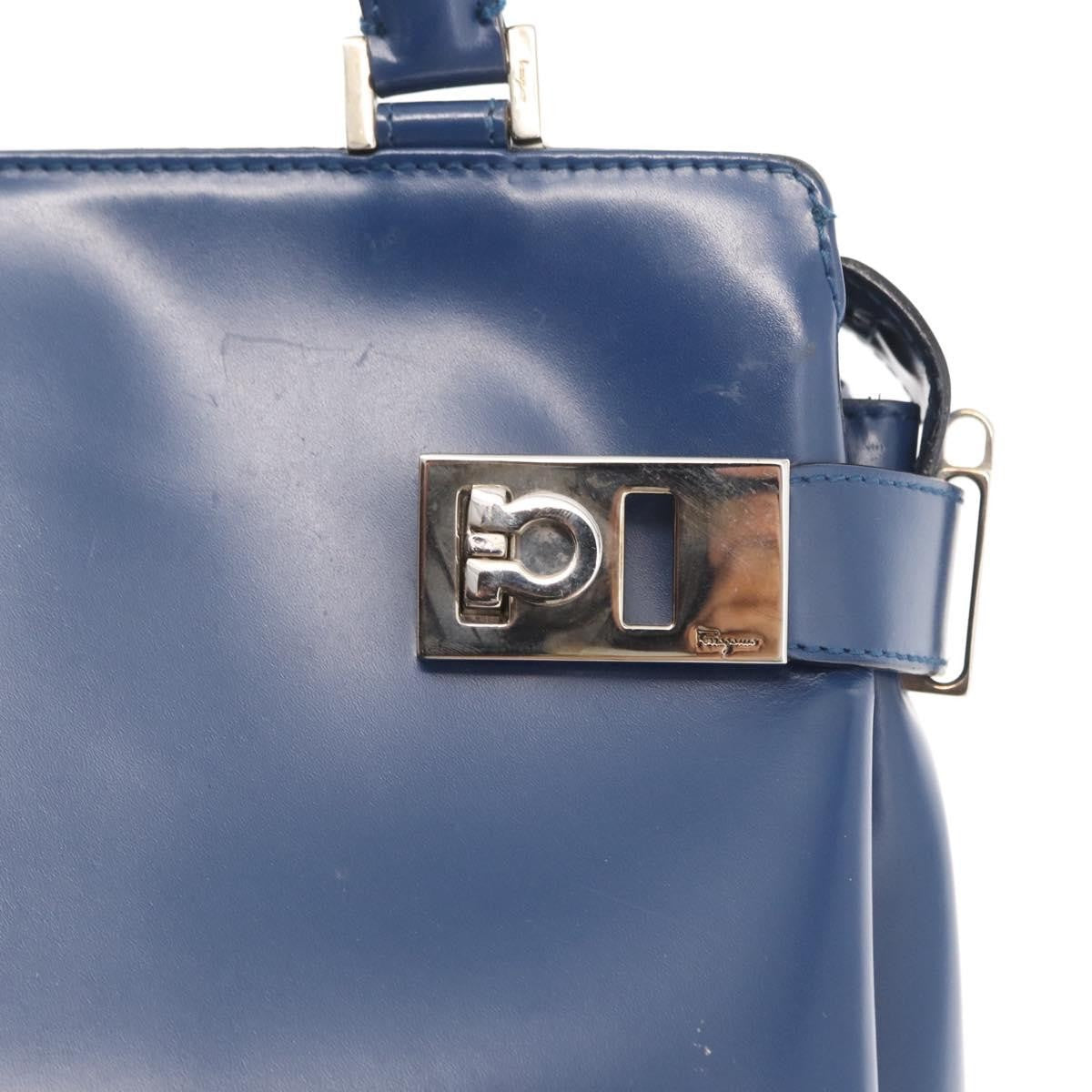 Salvatore Ferragamo Double Gancini Side Buckle Tote Leather, BLUE, LEATHER, Handbag