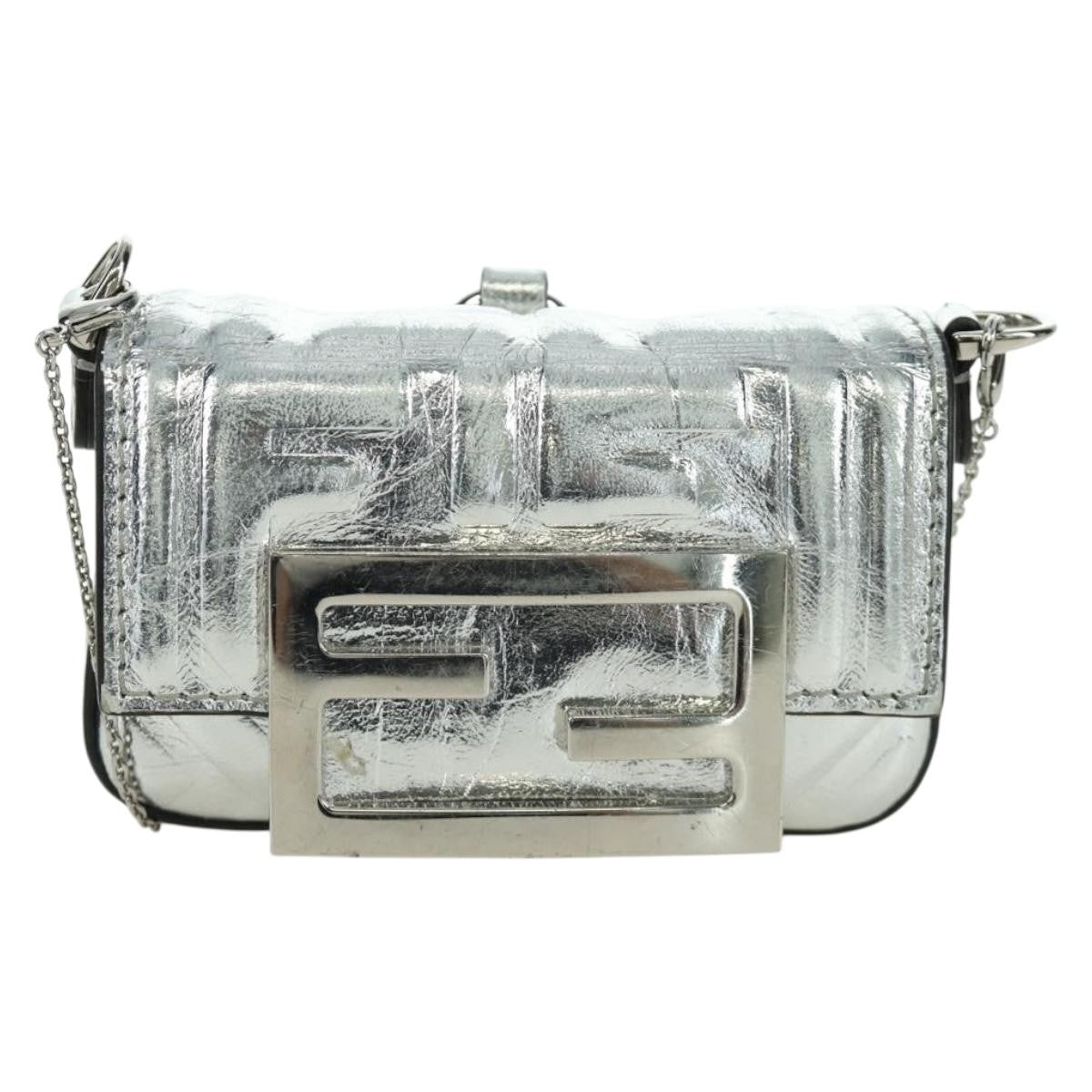 Fendi Chain Baguette Charm Bag Zucca Embossed Leather, Silver, Canvas, Clutch