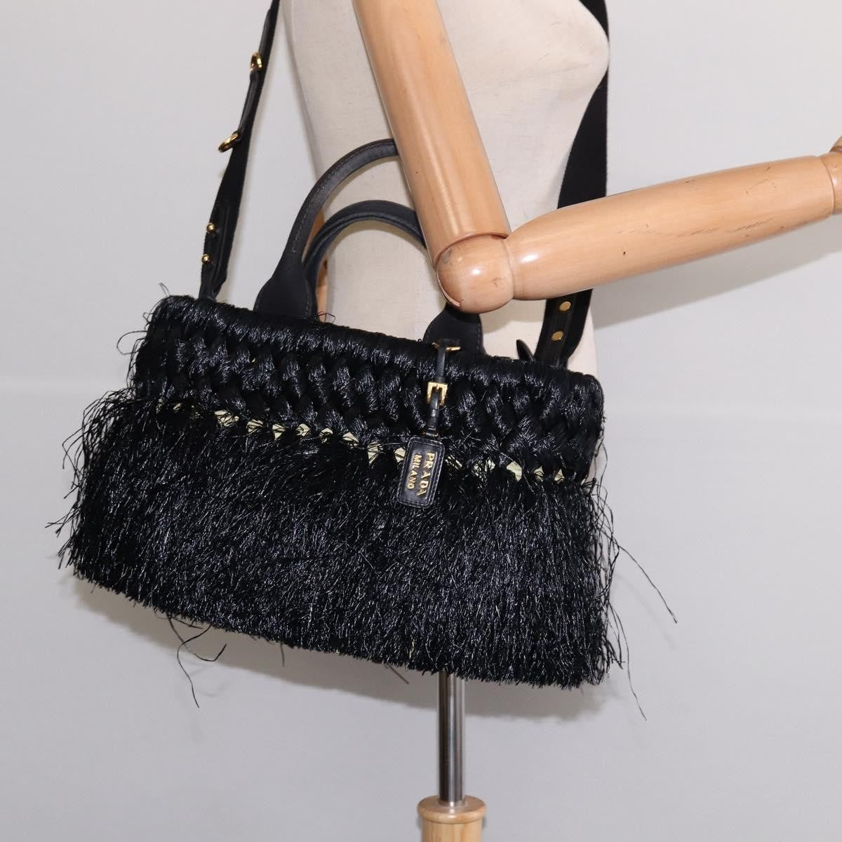 Prada Fringe Wicker Tote Woven Straw, BLACK, WOOD, Handbag