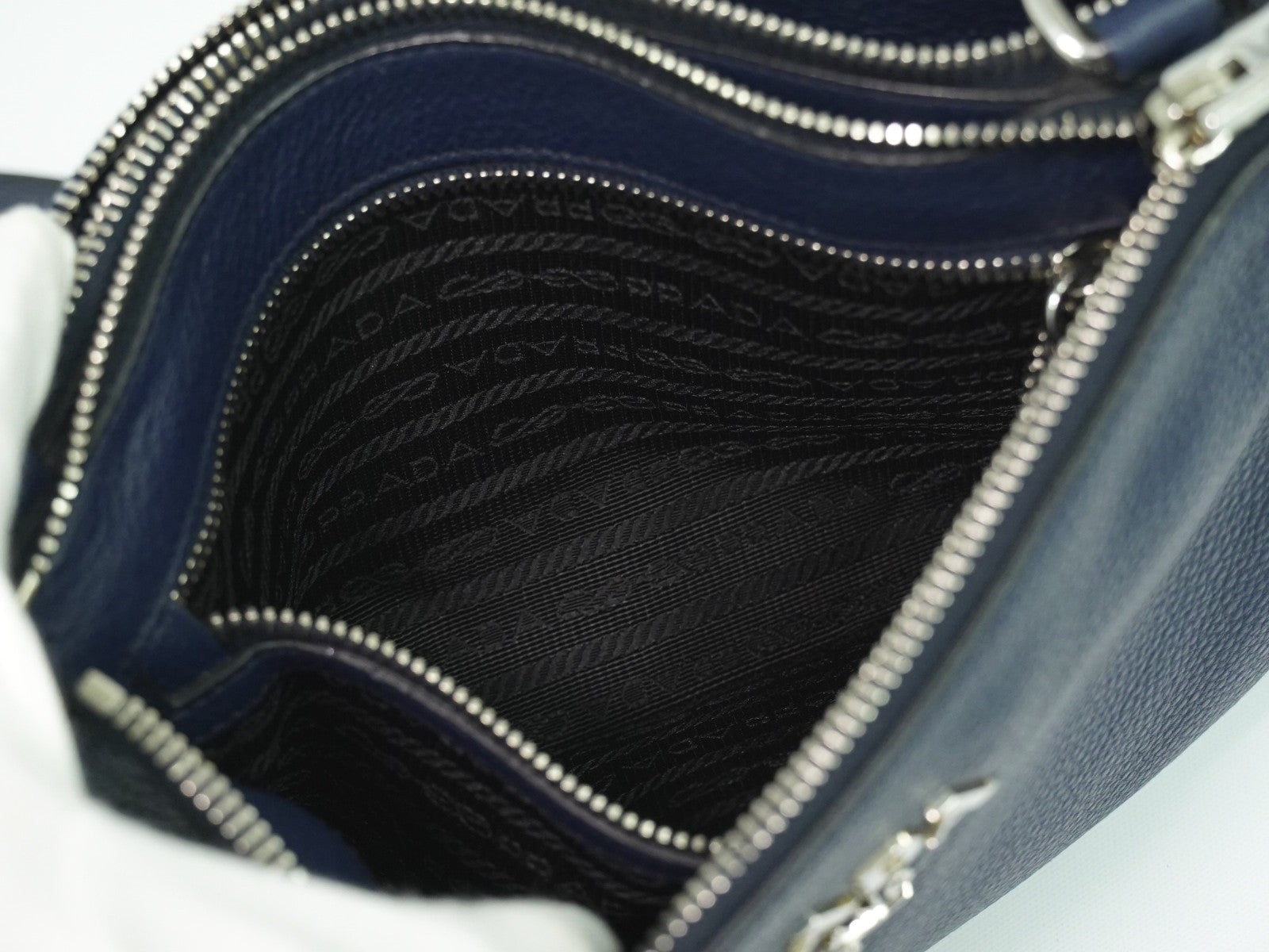 Prada Double Zip Crossbody Bag Vitello Daino, NAVY, LEATHER, Shoulder bag