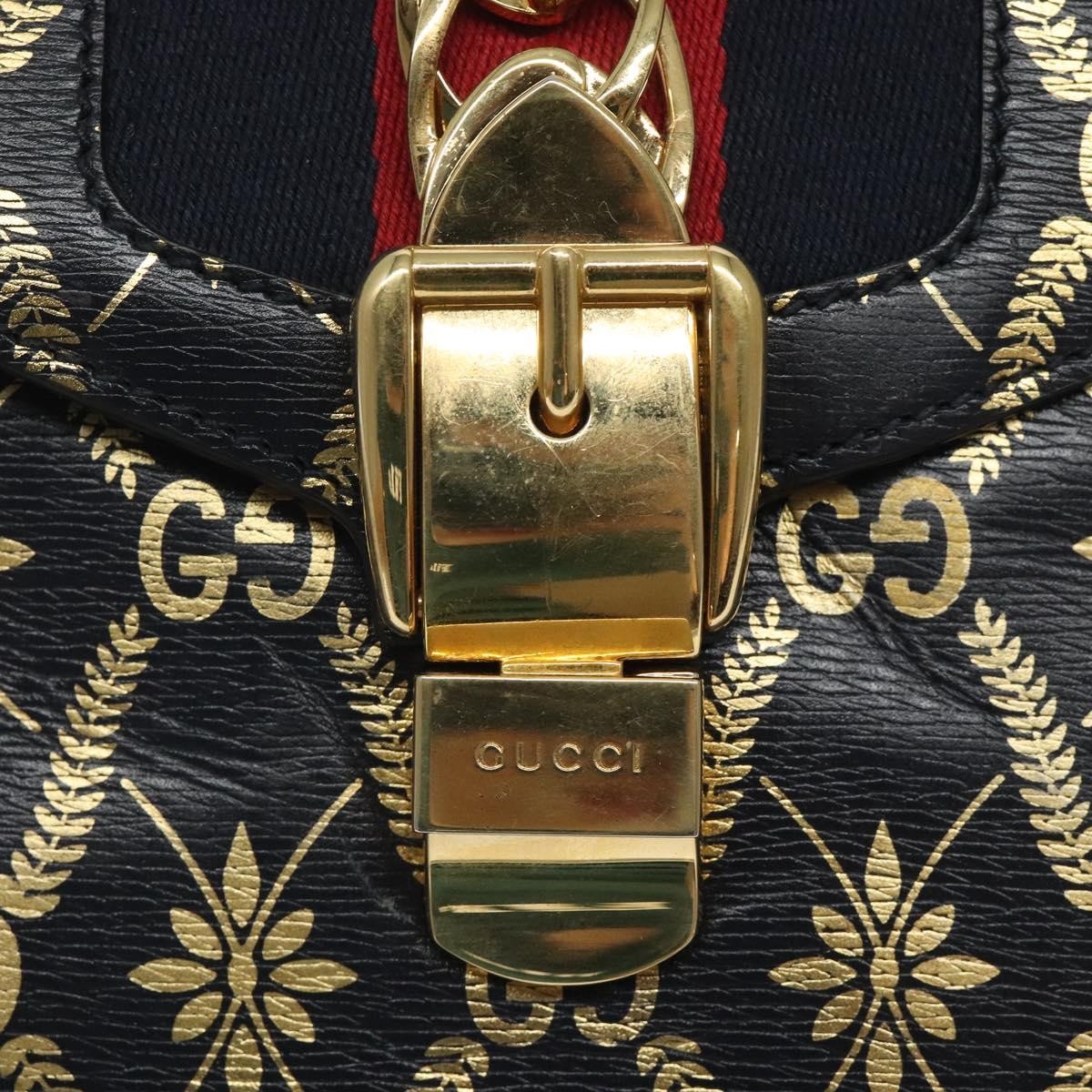 Gucci Sylvie Top Handle Bag Printed Leather, NAVY, LEATHER, Handbag