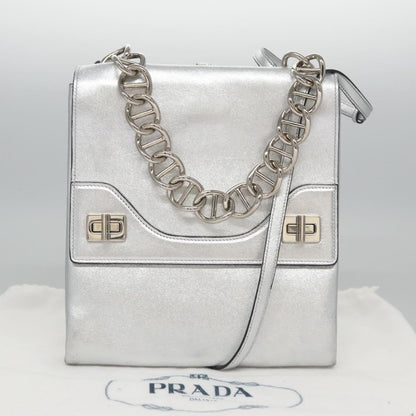 Prada Double Turn Lock Shoulder Bag Leather, SILVER, LEATHER, Shoulder bag