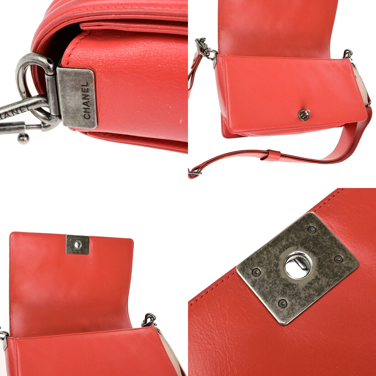 Chanel Boy Flap Bag with Strap Quilted Lambskin, RED, LEATHER, Shoulder bag