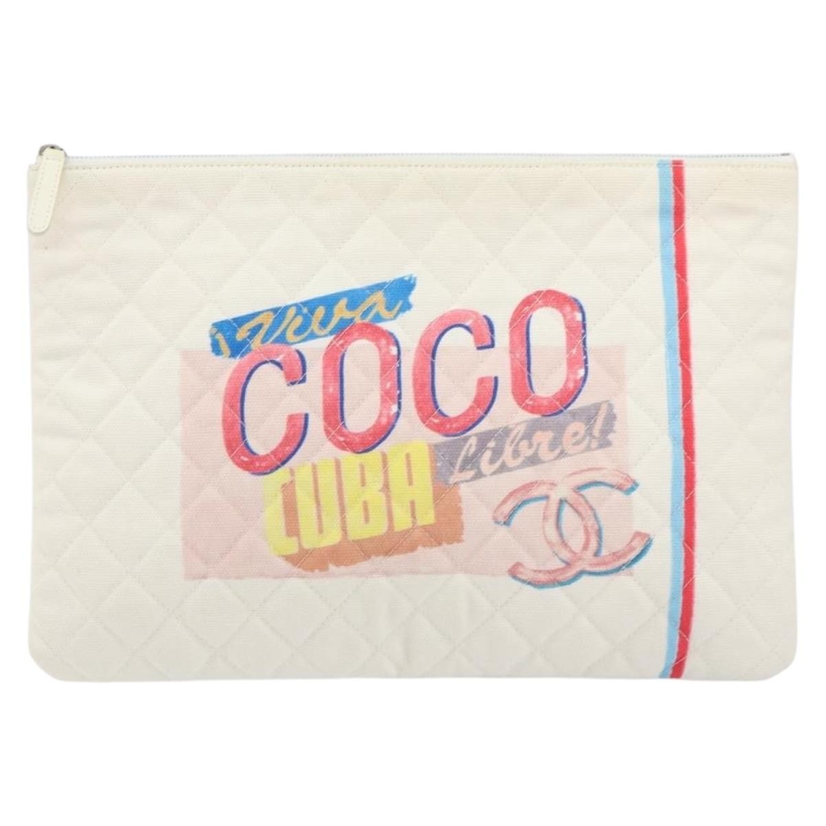 Chanel Coco Cuba Pouch Printed Quilted Canvas, WHITE, CANVAS, Clutche & pouche