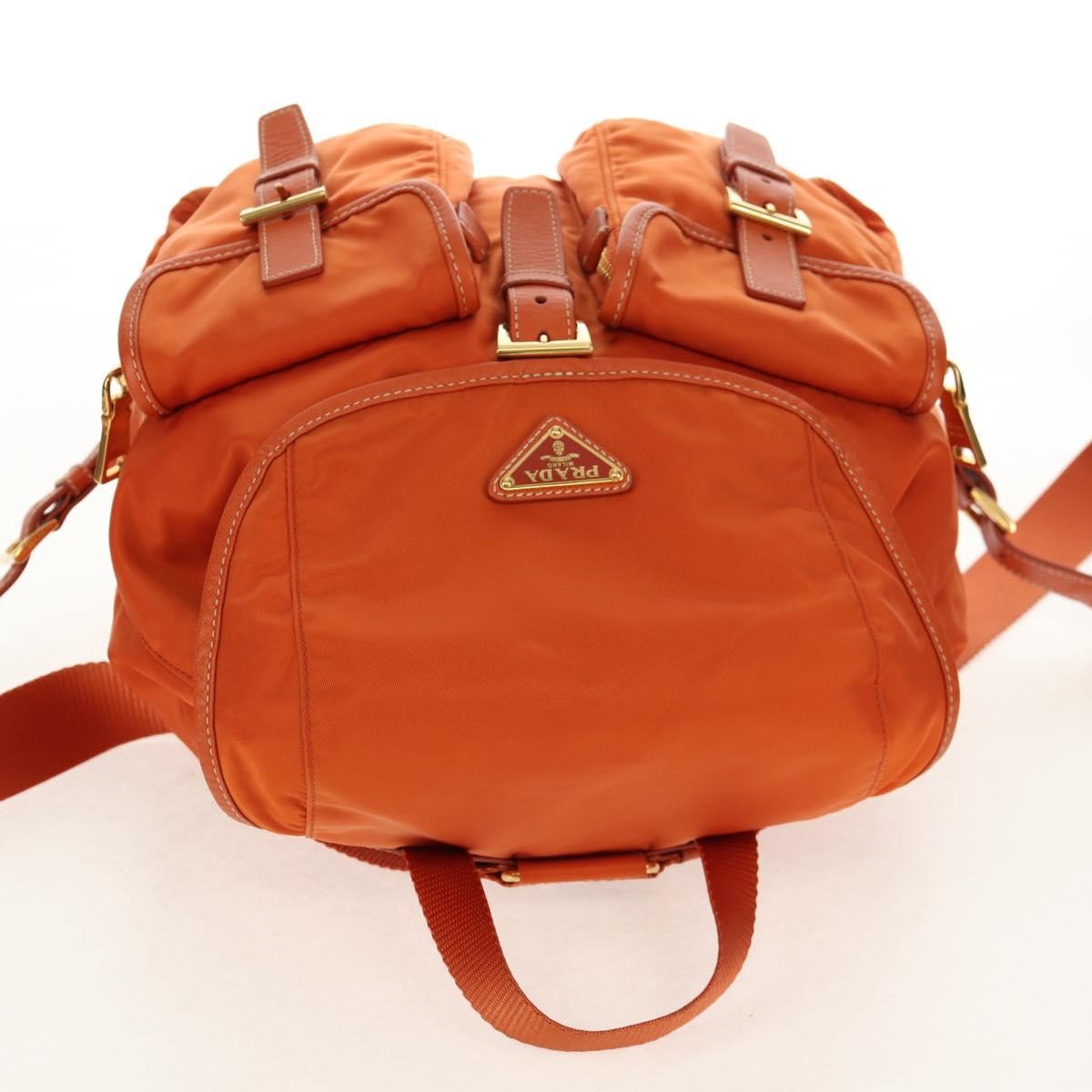 Prada Vela Double Front Pocket Backpack Tessuto with Saffiano Leather, ORANGE, NYLON, Backpack