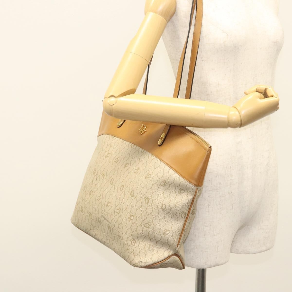 Christian Dior Vintage Honeycomb Tote Bag Canvas and Leather, BEIGE, CANVAS, Tote bag