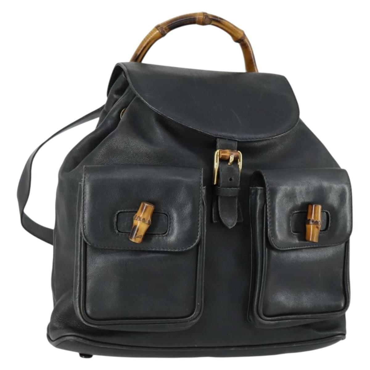 Gucci Vintage Bamboo Backpack Leather, BLACK, LEATHER, Backpack