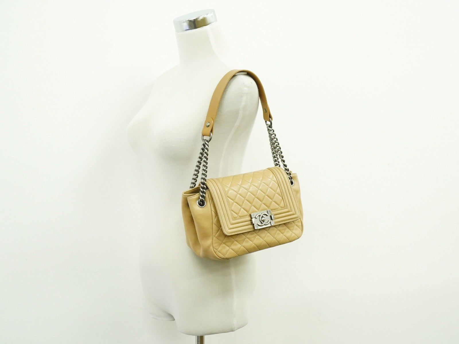 Chanel Boy Accordion Flap Bag Quilted Lambskin, BEIGE, LEATHER, Shoulder bag