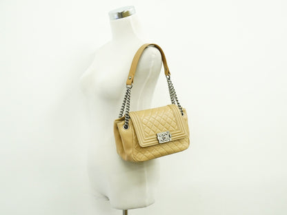 Chanel Boy Accordion Flap Bag Quilted Lambskin, BEIGE, LEATHER, Shoulder bag