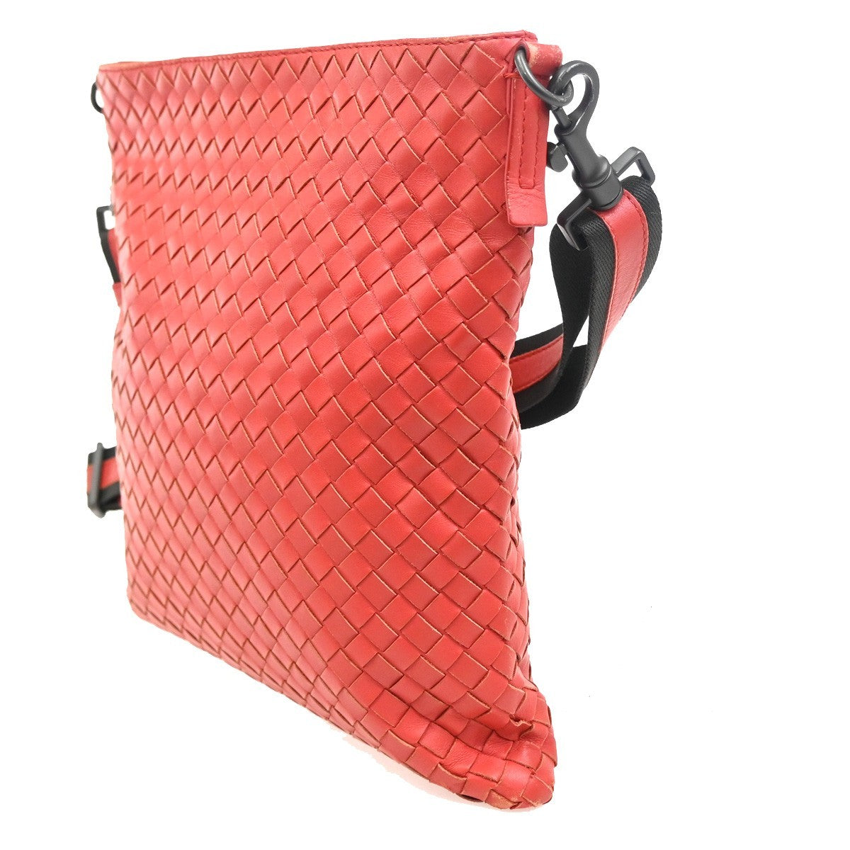 Bottega Veneta Flat Messenger Bag Intrecciato Nappa, Red, Leather, Shoulder Bag