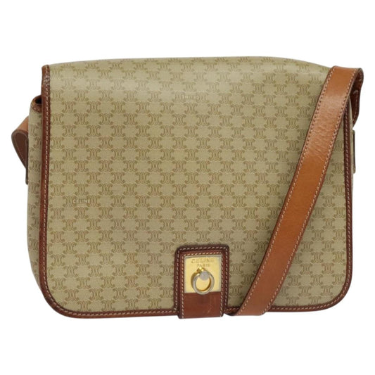 Celine Vintage Macadam Shoulder Bag Canvas and Leather, BEIGE, CANVAS, Shoulder bag