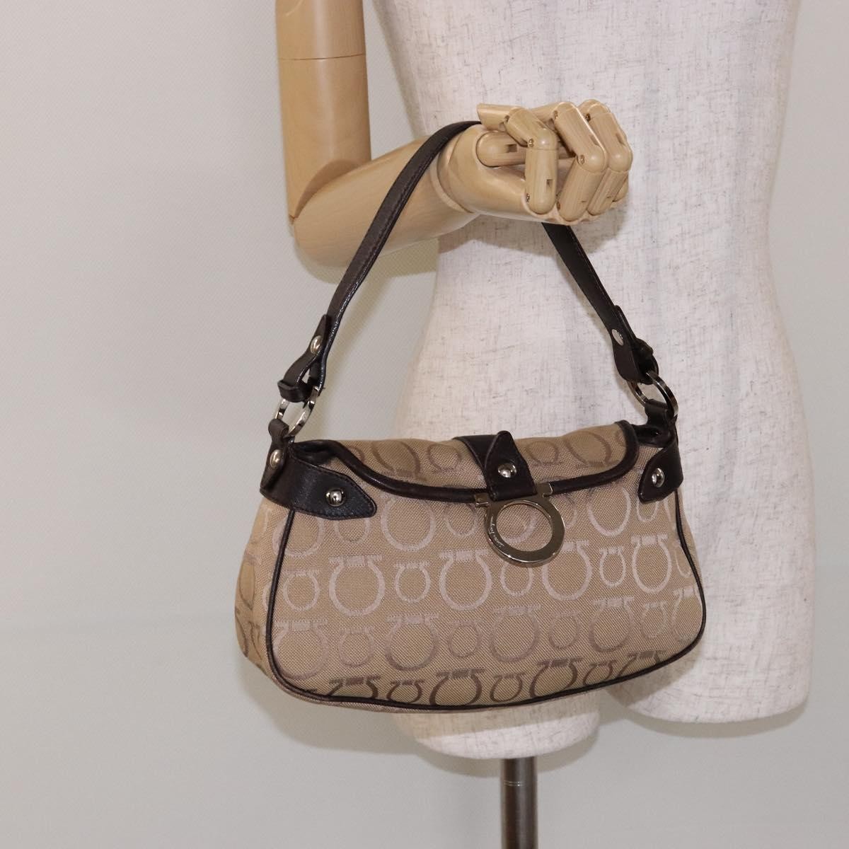 Salvatore Ferragamo Gancini handbag Canvas and Leather, BEIGE, CANVAS, Handbag