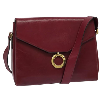 Celine Circle logo Leather, BURGUNDY, LEATHER, Shoulder bag