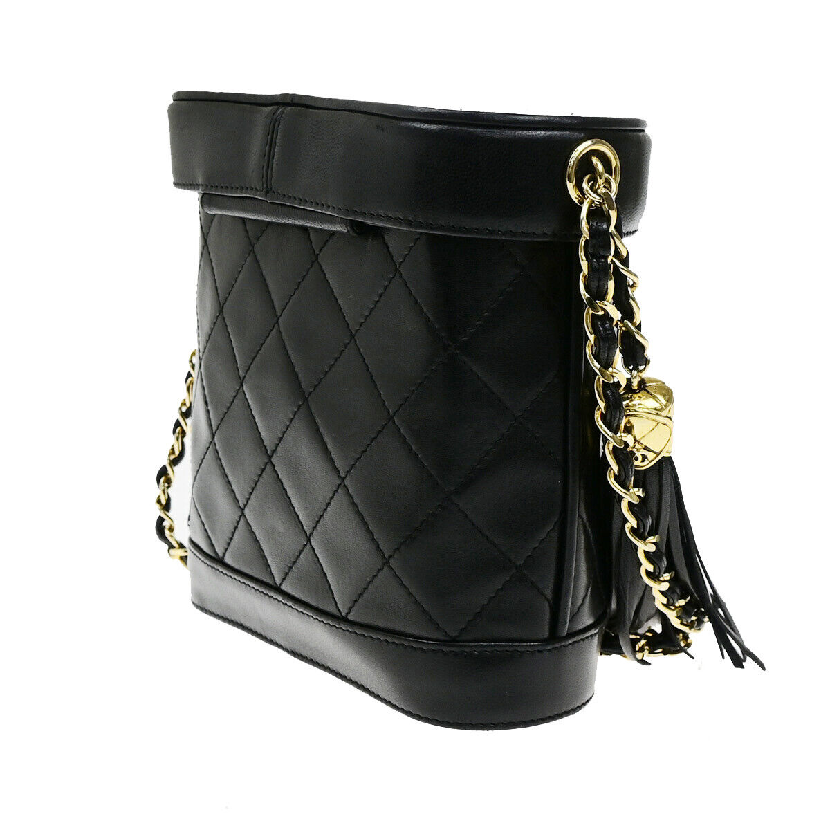 Chanel Vintage Tassel Box Bag Quilted Leather, BLACK, LEATHER, Shoulder bag