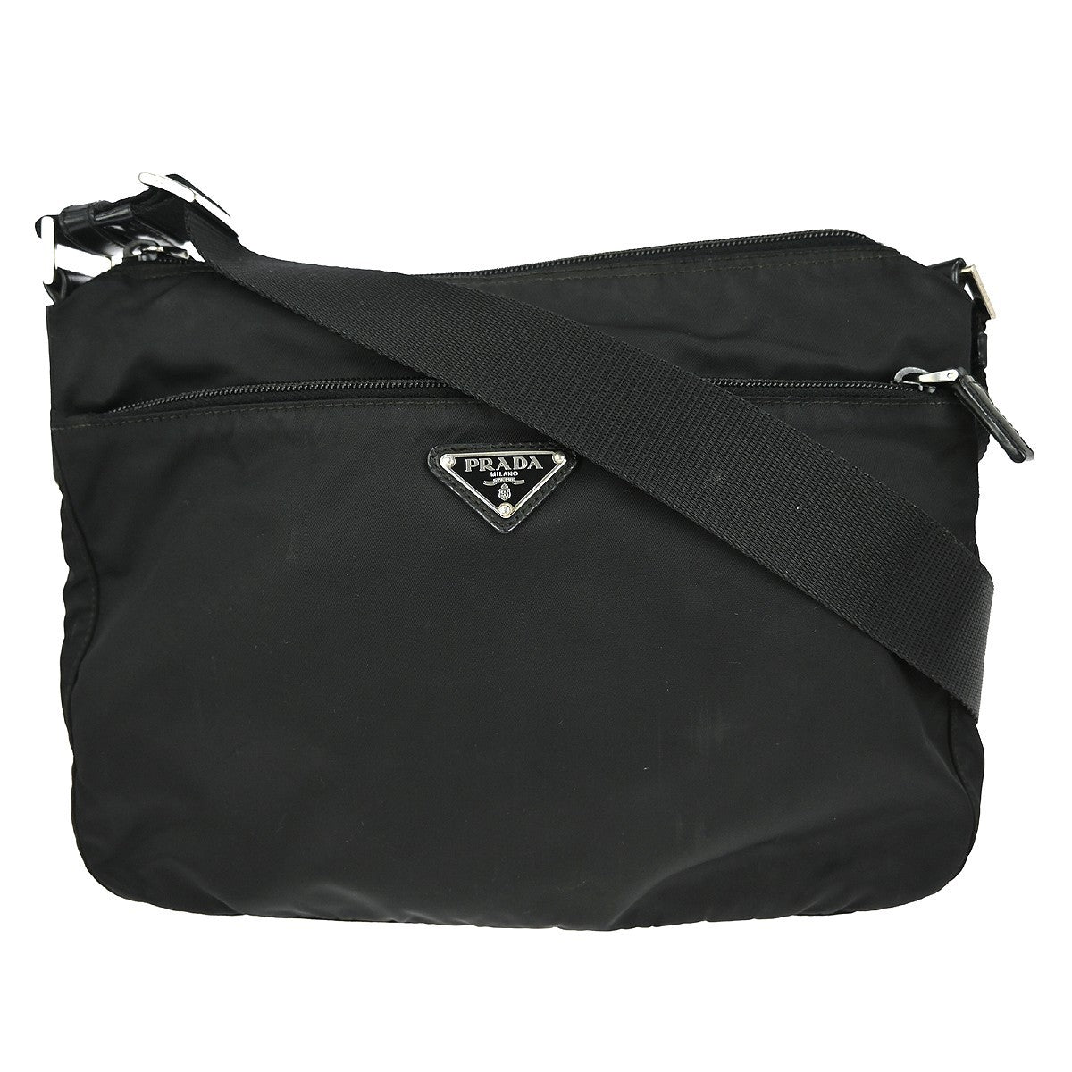 Prada Front Zip Messenger Bag Tessuto, BLACK, NYLON, Shoulder bag