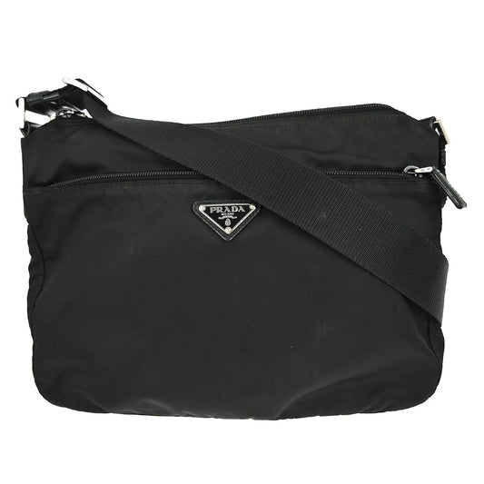 Prada Front Zip Messenger Bag Tessuto, BLACK, NYLON, Shoulder bag