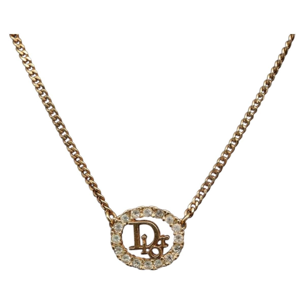 Christian Dior Vintage Logo Round Pendant Necklace Metal and Crystals, GOLD, METAL, Necklace