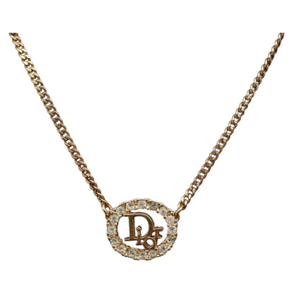 Christian Dior Vintage Logo Round Pendant Necklace Metal and Crystals, GOLD, METAL, Necklace