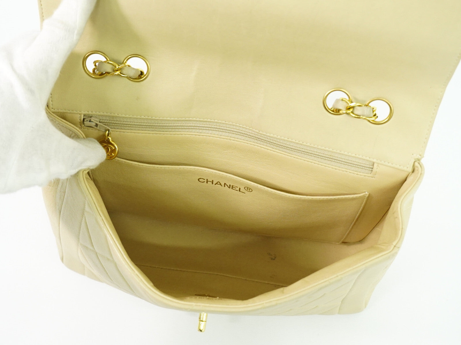 Chanel Vintage Square Flap Bag Quilted Lambskin, BEIGE, LEATHER, Shoulder bag