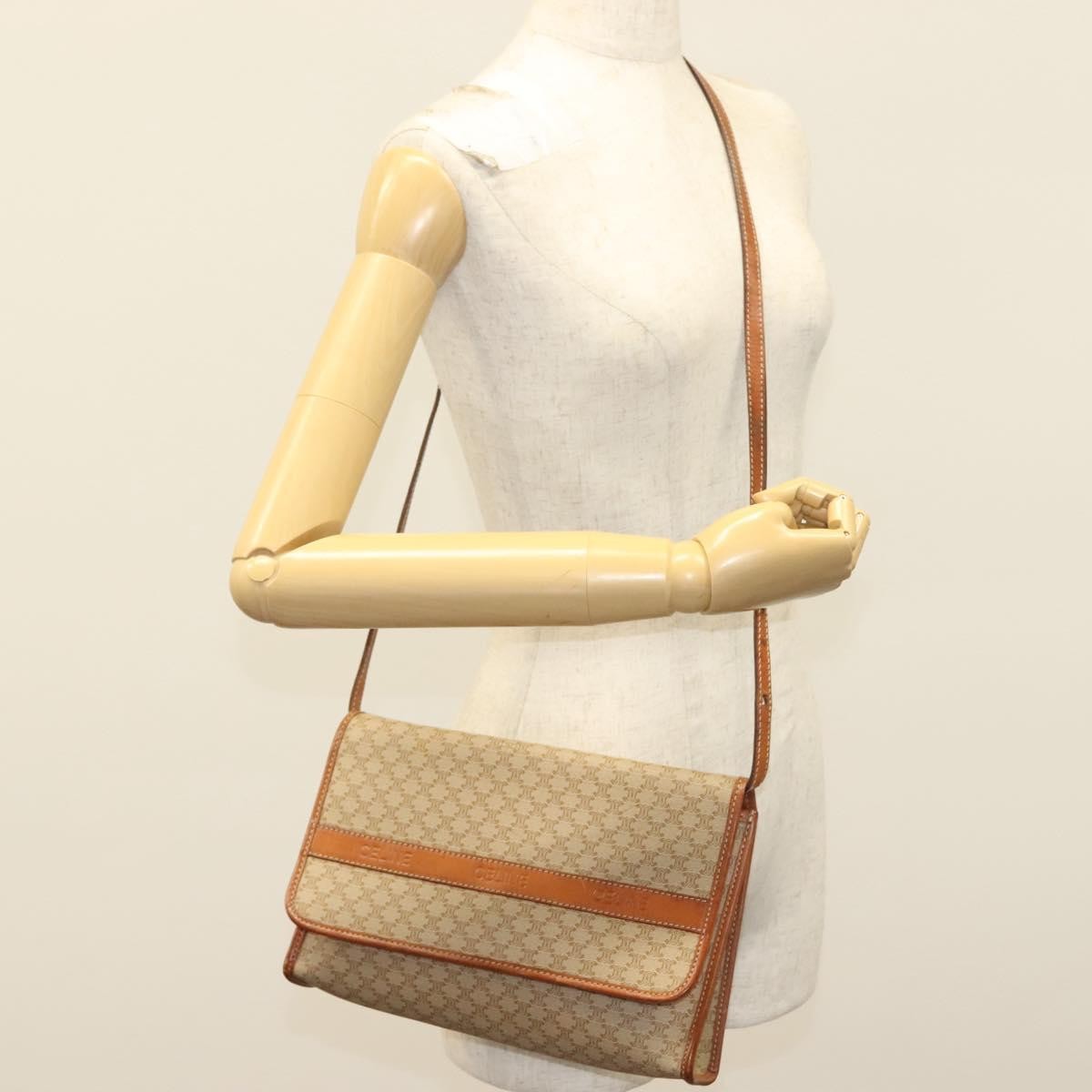 Celine Vintage Macadam Shoulder Bag Canvas and Leather, BEIGE, CANVAS, Shoulder bag