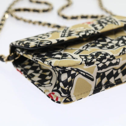 Chanel Flap Card Holder on Chain Quilted Printed Canvas, BEIGE, CANVAS, Shoulder bag