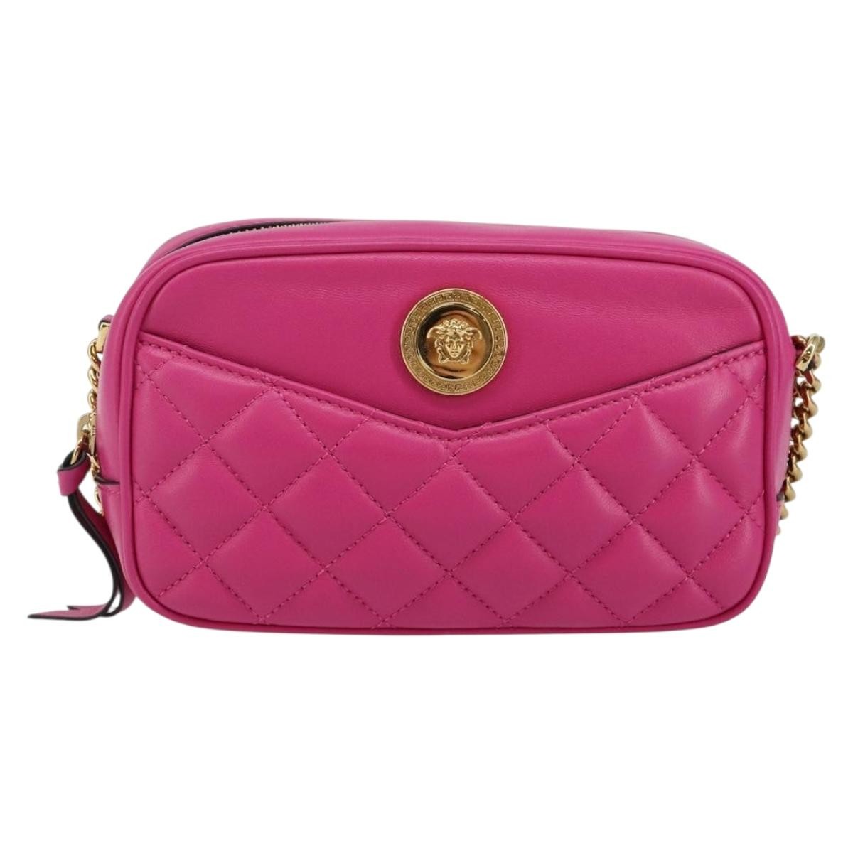 Versace Medusa Icon Front Slip Pocket Camera Bag Quilted Leather, PINK, LEATHER, Shoulder bag