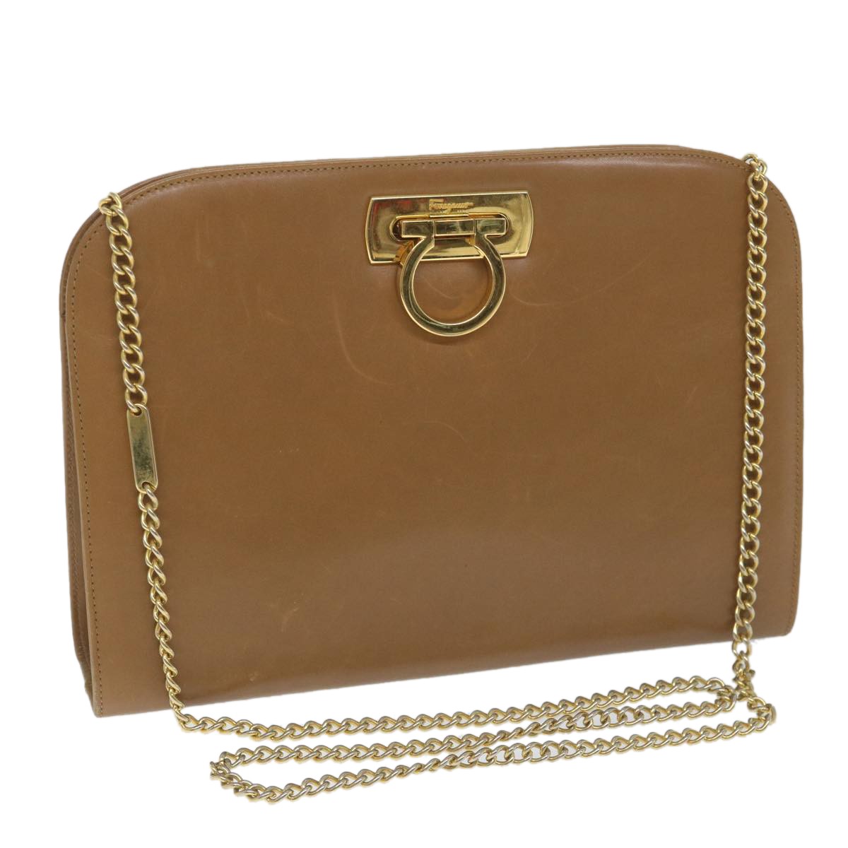 Salvatore Ferragamo Vintage Gancini Chain Shoulder Bag Leather, BROWN, LEATHER, Shoulder bag