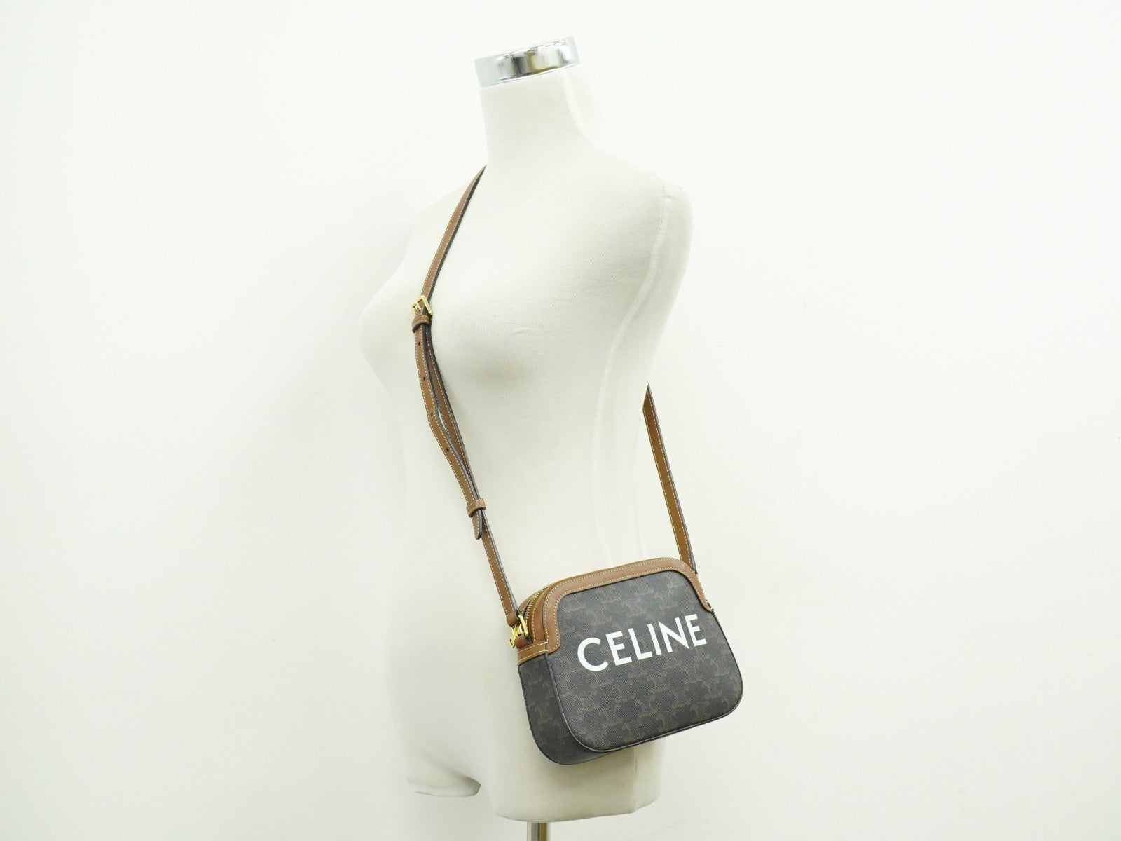 Celine Logo Camera Bag Triomphe Coated Canvas, BROWN, CLOTH, Shoulder bag