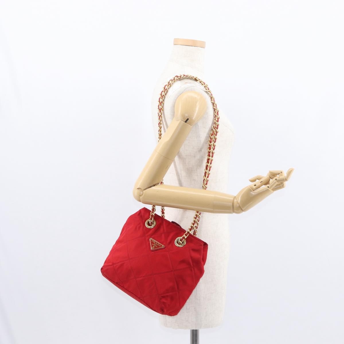 Prada Chain Shoulder Bag Quilted Tessuto, RED, NYLON, Shoulder bag
