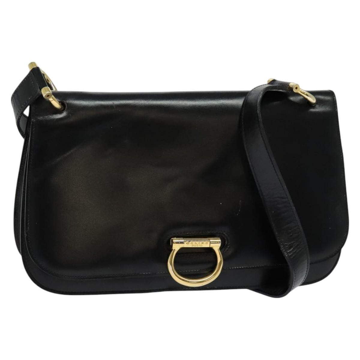 Celine Flap Shoulder Bag Leather, BLACK, LEATHER, Shoulder bag