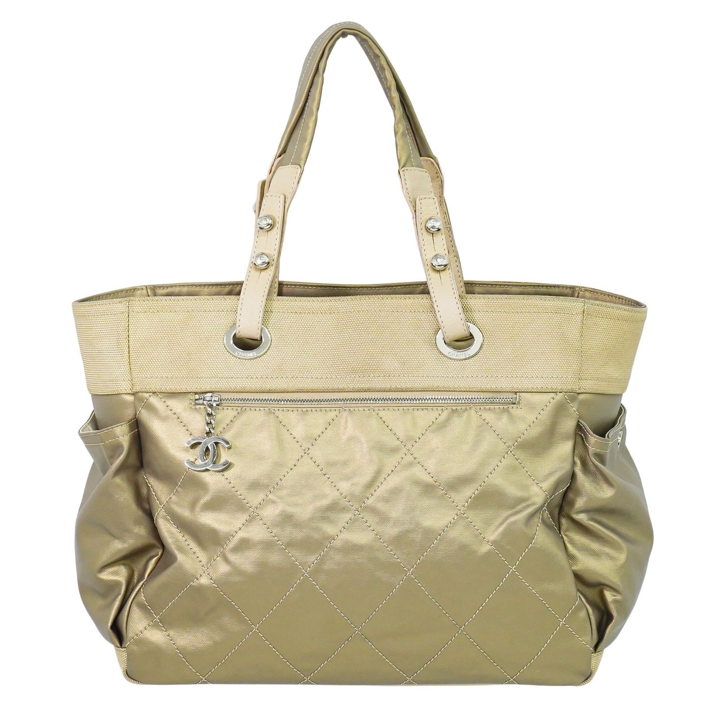 Chanel Biarritz Pocket Tote Quilted Coated Canvas, GOLD, CANVAS, Tote bag