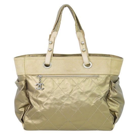 Chanel Biarritz Pocket Tote Quilted Coated Canvas, GOLD, CANVAS, Tote bag