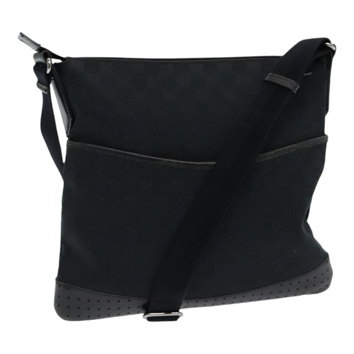 Gucci Zip Messenger Bag GG Canvas with Perforated Leather, BLACK, CANVAS, Crossbody bag