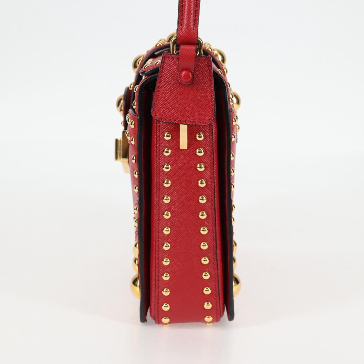 Prada Turn Lock Shoulder Bag Studded Saffiano Leather, RED, LEATHER, Shoulder bag