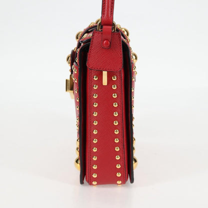 Prada Turn Lock Shoulder Bag Studded Saffiano Leather, RED, LEATHER, Shoulder bag