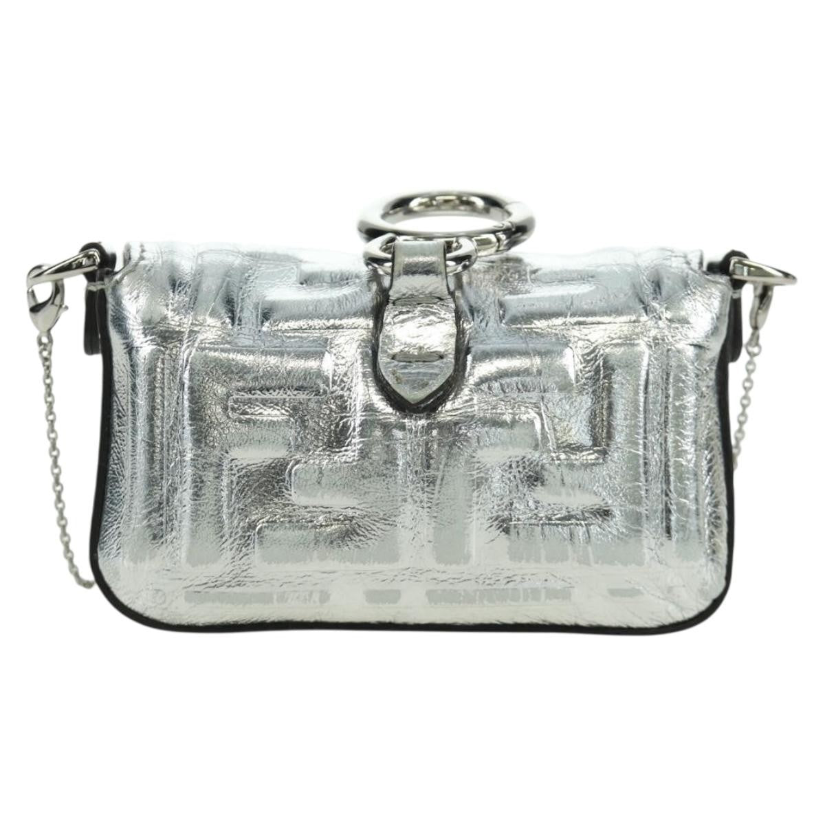 Fendi Chain Baguette Charm Bag Zucca Embossed Leather, Silver, Canvas, Clutch