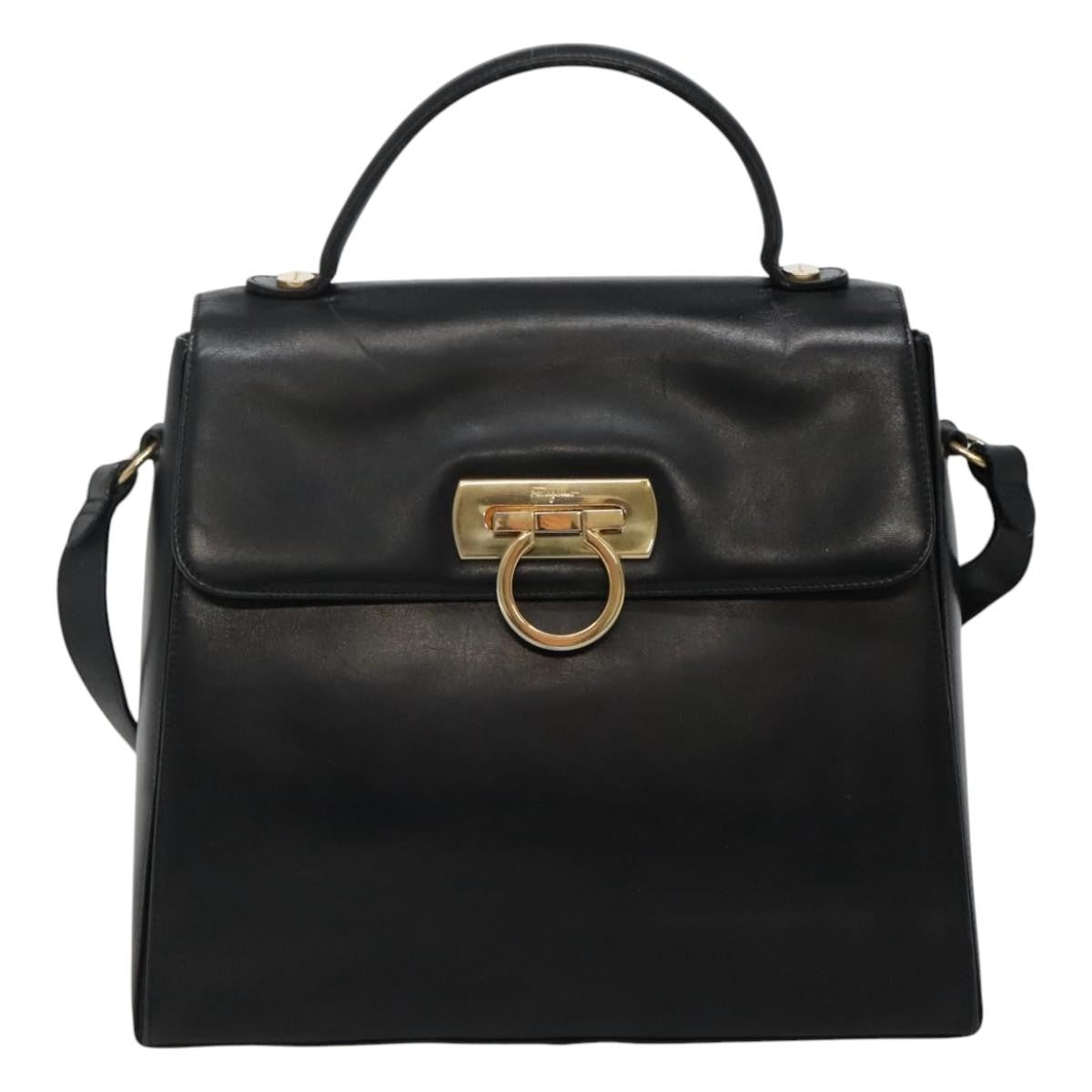 Salvatore Ferragamo Gancini Convertible Top Handle Bag Leather, BLACK, LEATHER, Handbag