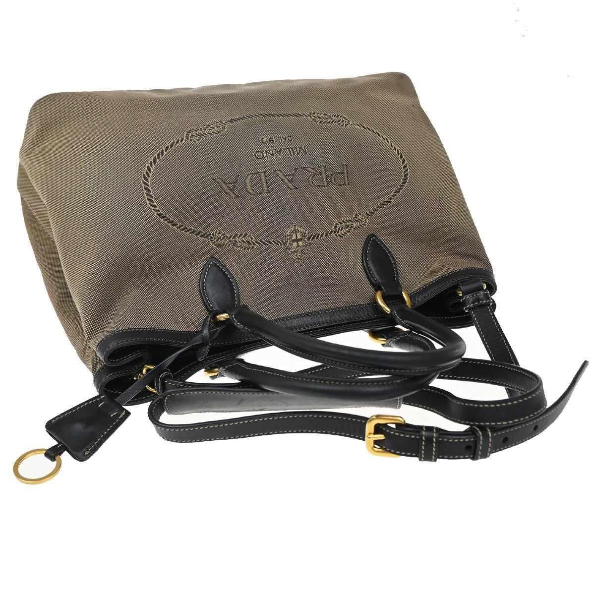 Prada Logo Convertible Tote Canvas with Leather, BROWN, CANVAS, Tote bag