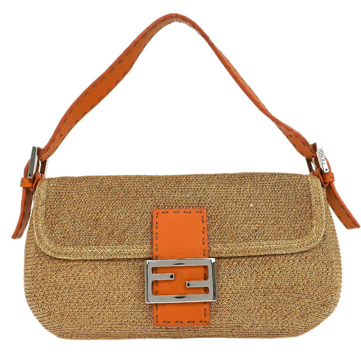 Fendi Selleria Shoulder Bag Leather, "BEIGE,ORANGE", STRAW,LEATHER, Shoulder bag