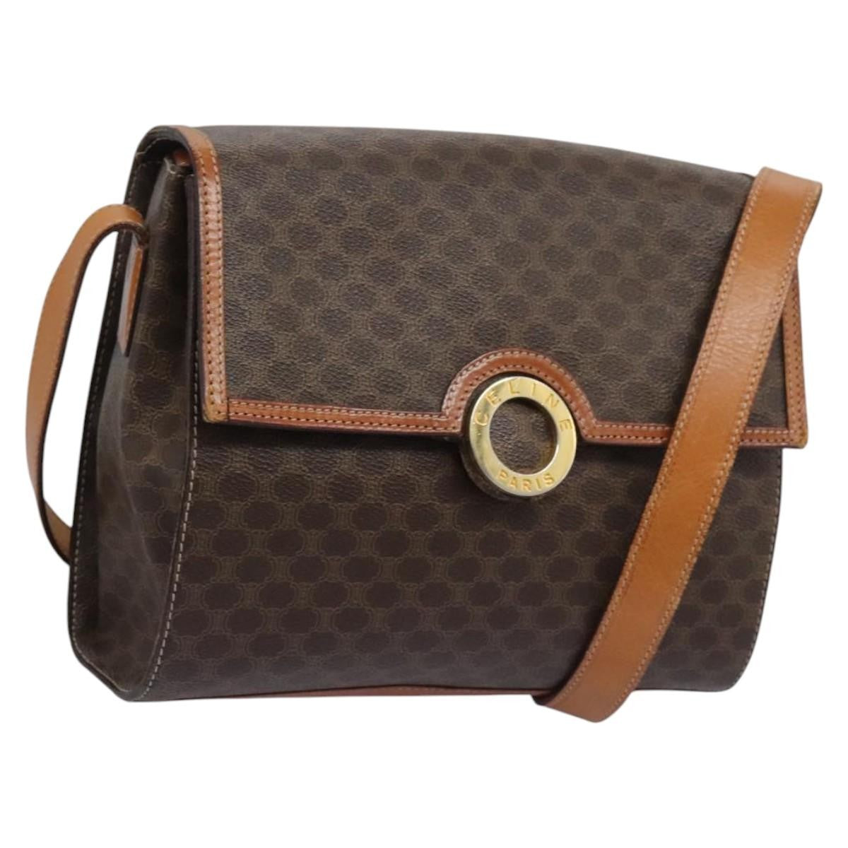 Celine Vintage Macadam Circle Logo Shoulder Bag Canvas and Leather, BROWN, CANVAS, Shoulder bag