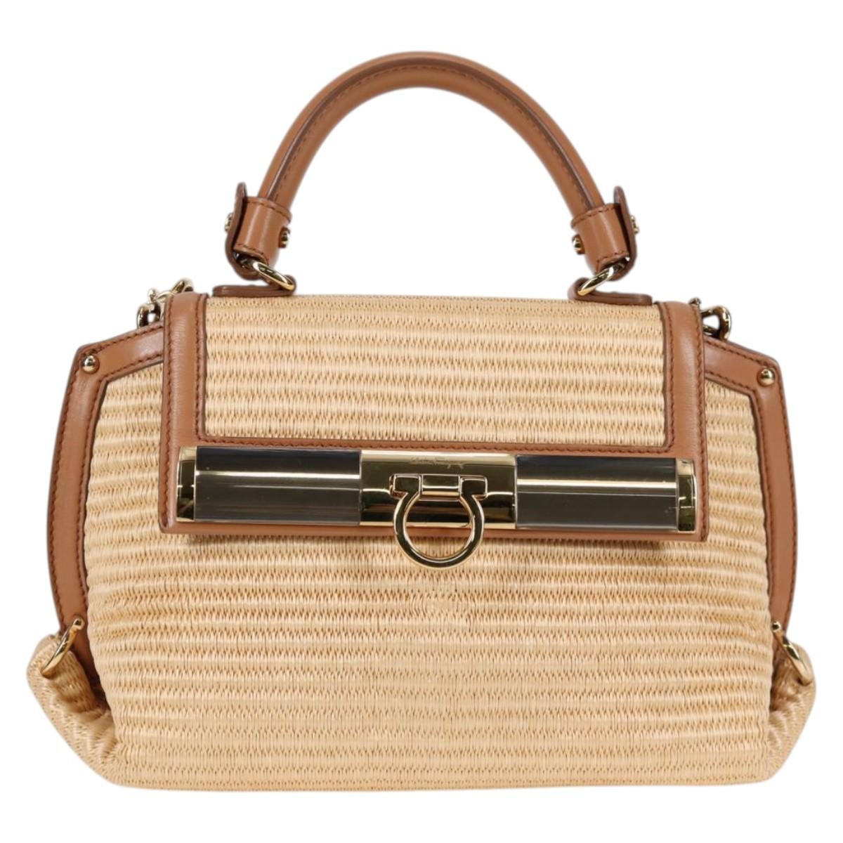 Salvatore Ferragamo Sofia Satchel Raffia with Leather, BEIGE, WOOD, Handbag