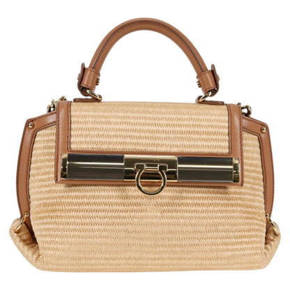 Salvatore Ferragamo Sofia Satchel Raffia with Leather, BEIGE, WOOD, Handbag