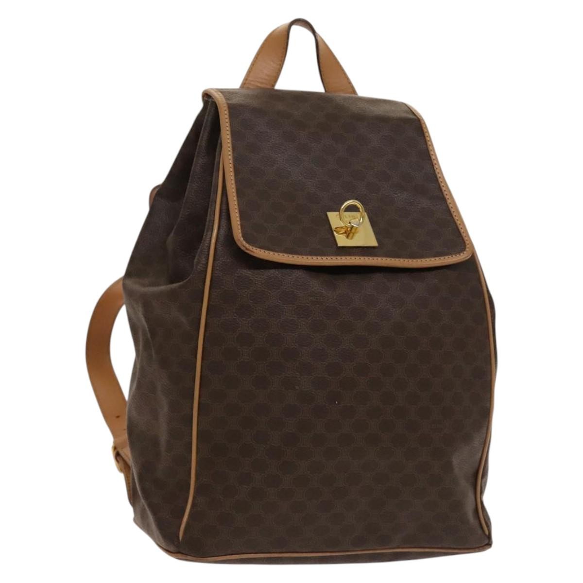 Celine Vintage Drawstring Flap Backpack Macadam Coated Canvas, BROWN, CANVAS, Backpack