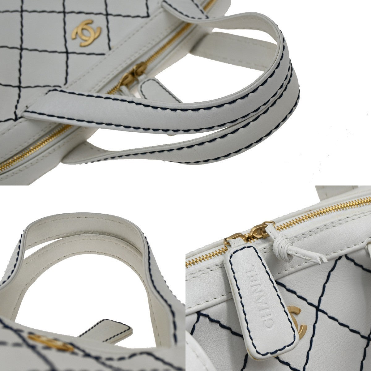 Chanel Surpique Zip Around Satchel Quilted Leather, WHITE, LEATHER, Tote bag