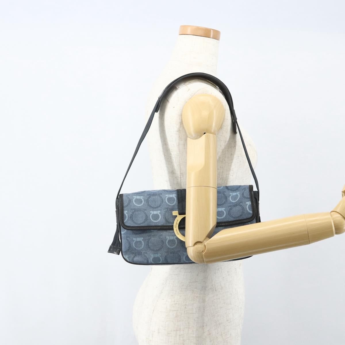 Salvatore Ferragamo Gancini Shoulder Bag Canvas, BLUE, CANVAS, Shoulder bag