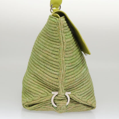 Salvatore Ferragamo Sofia Satchel Raffia with Leather, GREEN, WOOD, Handbag