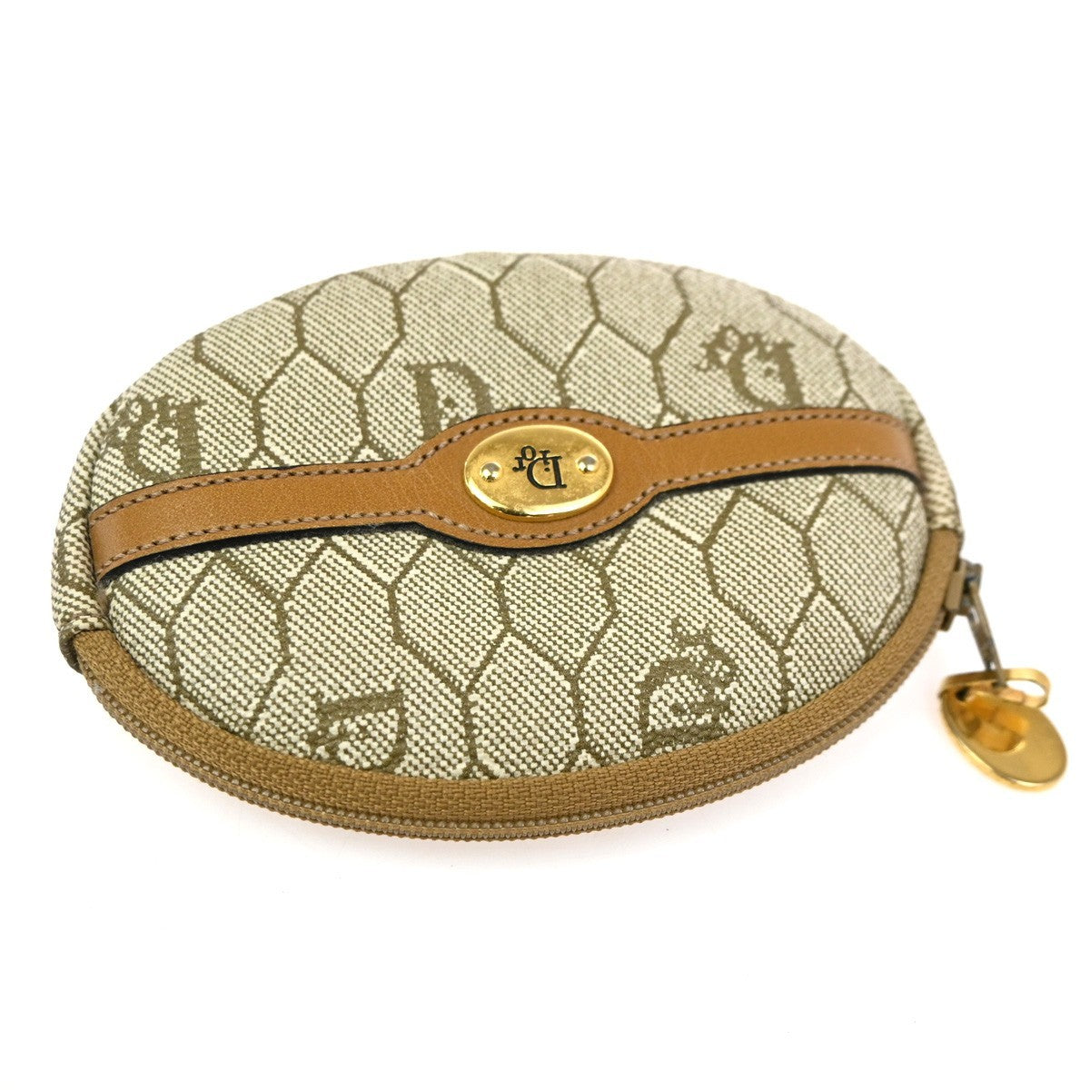 Christian Dior Honeycomb Zip Coin Purse Canvas and Leather, Beige, Canvas, Wallet