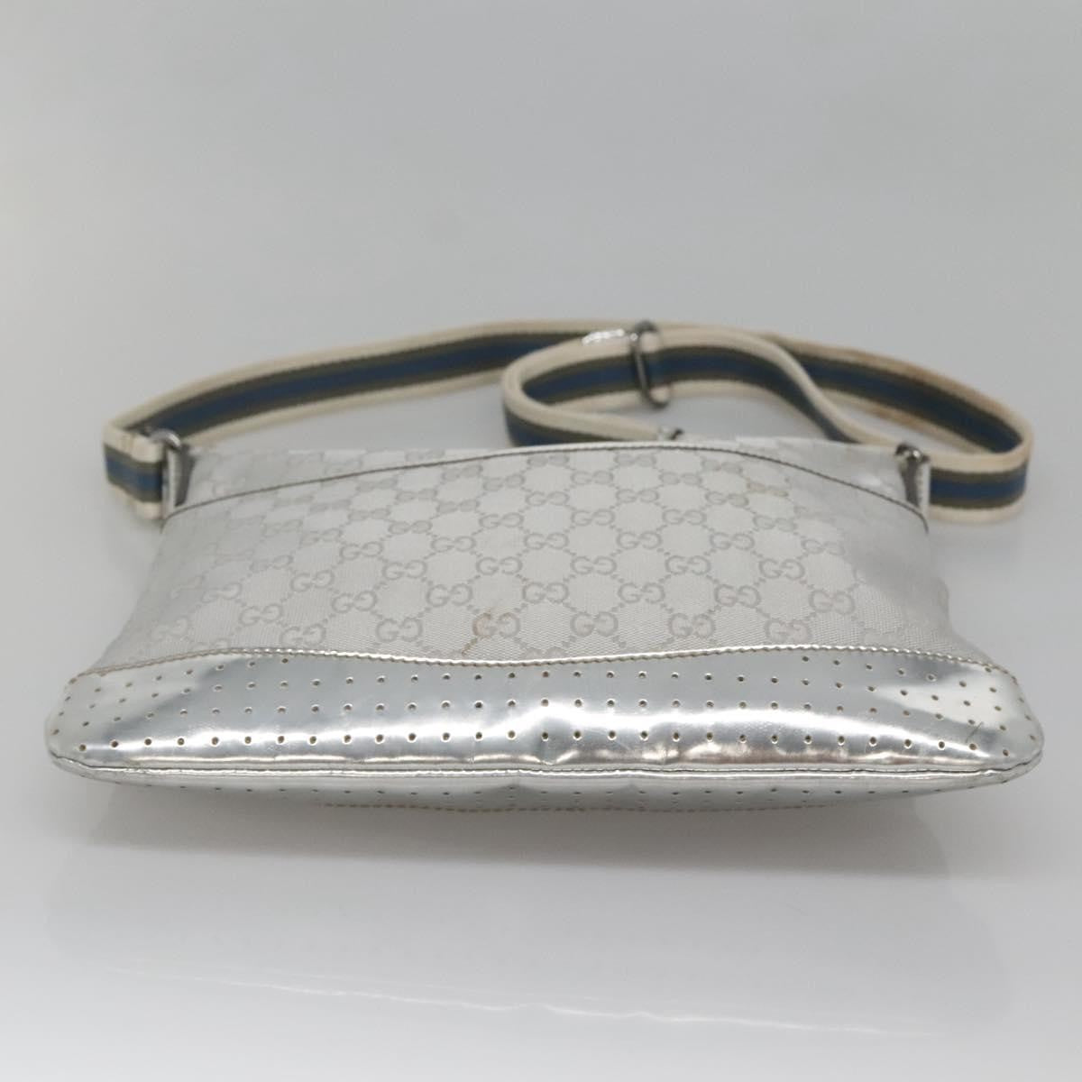 Gucci Zip Messenger Bag GG Canvas with Perforated Leather, SILVER, CANVAS, Shoulder bag