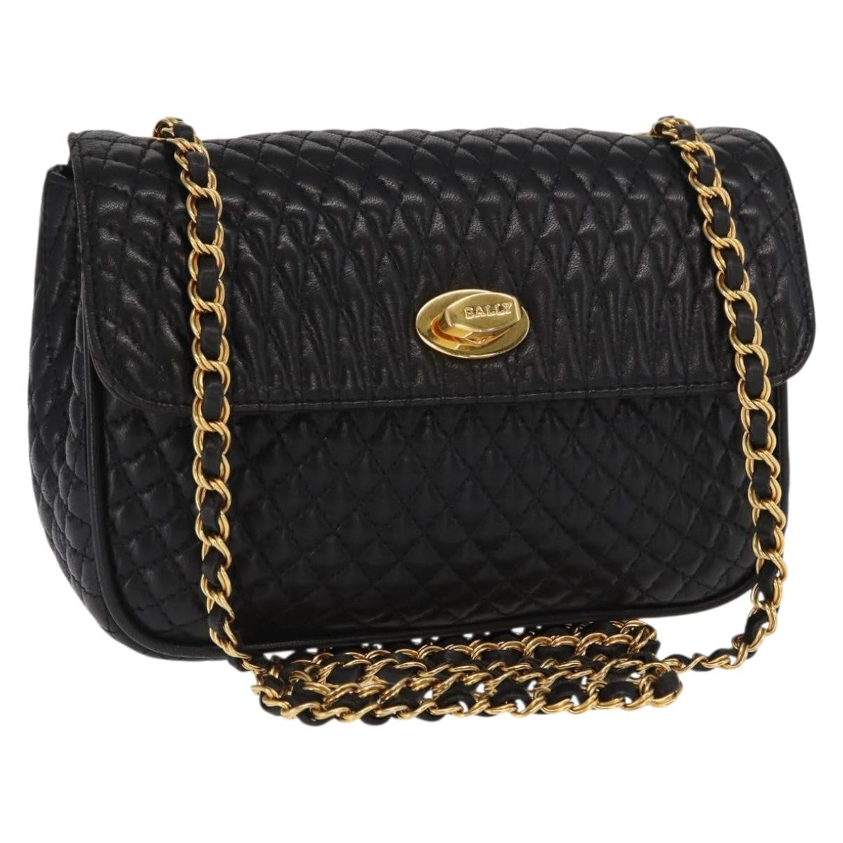 Bally Vintage Chain Shoulder Bag Quilted Leather, BLACK, LEATHER, Shoulder bag