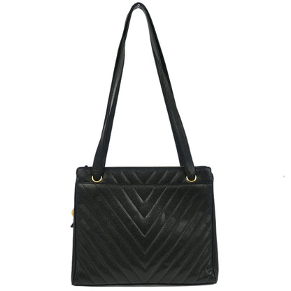 Chanel Vintage Zip Shoulder Bag Chevron Caviar, Black, Calfskin, Shoulder Bag